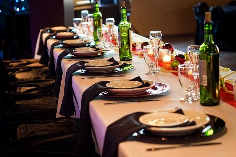 Long banquet table set for dinner at Riviera